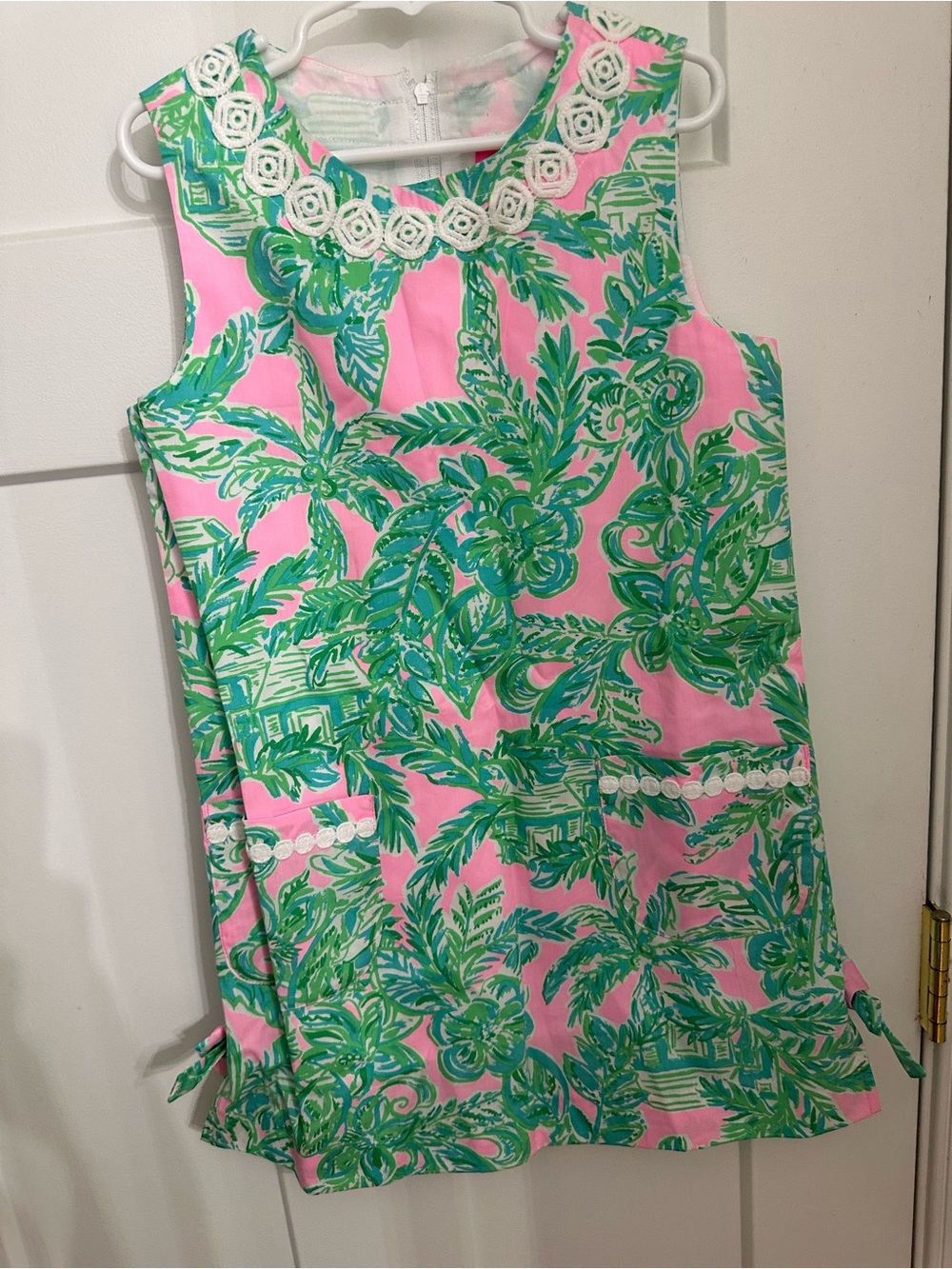 Lilly Pulitzer Pink & Green Tropical Shift Dress with White Rosette Trim